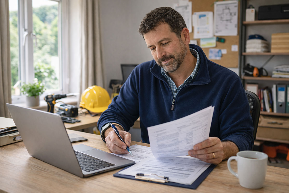 Small business owner reviewing paperwork and managing bookkeeping from a home office